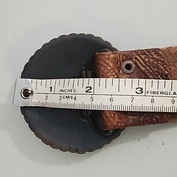 Brown Tooled Leather Belt with Coppery Metal Buckle With Rhinstones - Picture 6 of 13